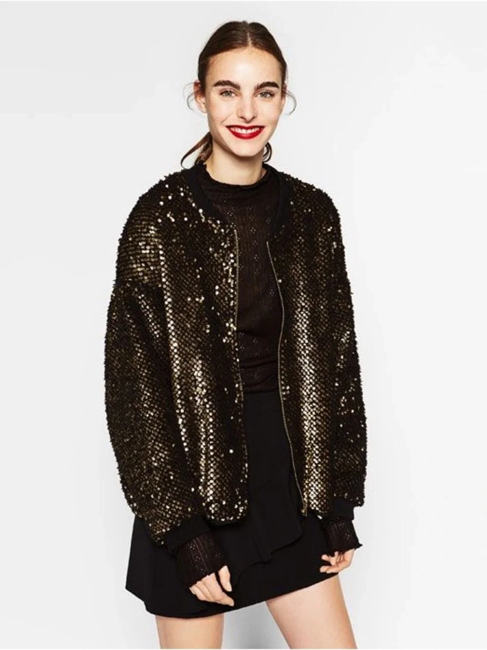 Zara Black And‎ Gold Sequin Bomber Jacket.